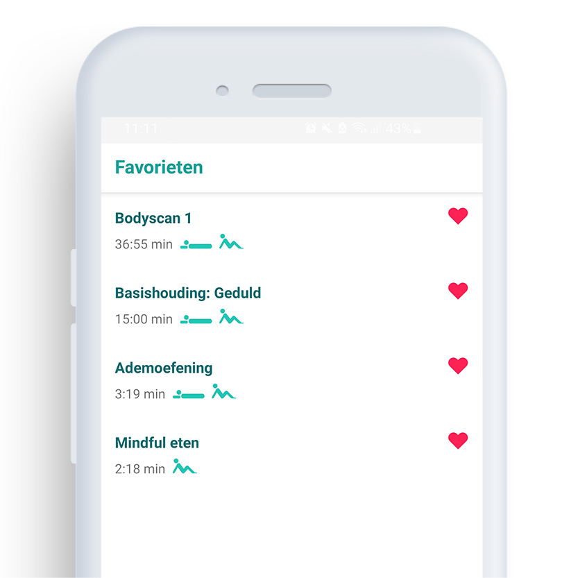 Het favorietenscherm van de Mindfulness coach app op een mobiele telefoon